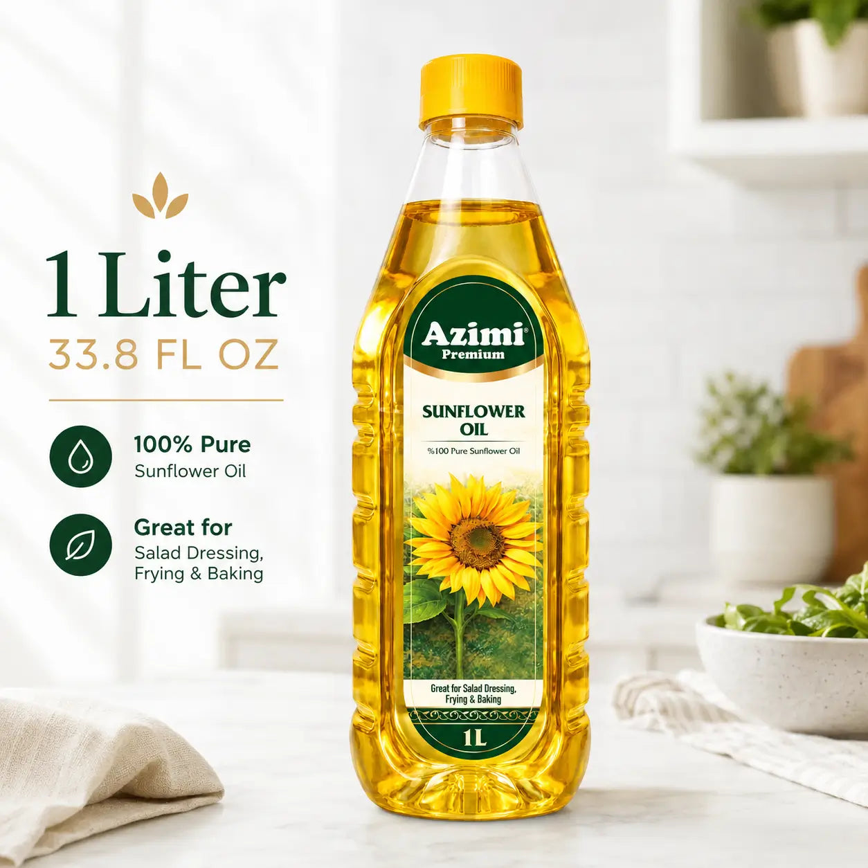 Azimi - 100% Pure Sunflower Oil, (1L) 33.8 Fl Oz | Enhanced with Vitamin A & E