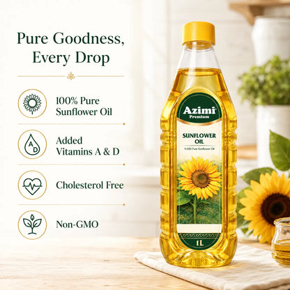 Azimi - 100% Pure Sunflower Oil, (1L) 33.8 Fl Oz | Enhanced with Vitamin A & E