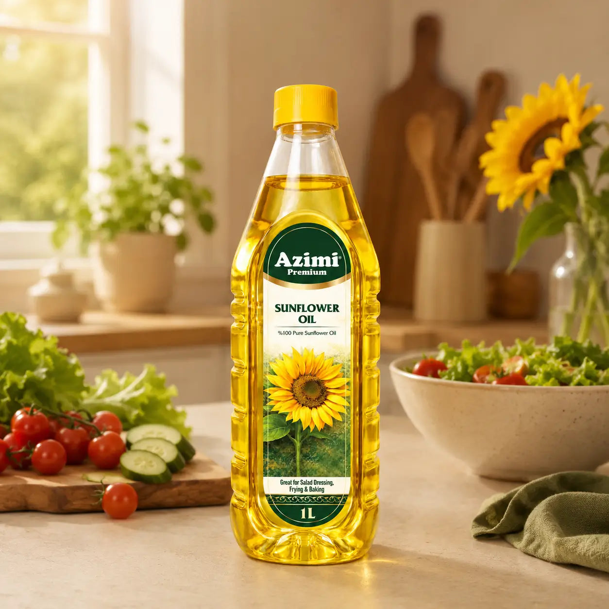 Azimi - 100% Pure Sunflower Oil, (1L) 33.8 Fl Oz | Enhanced with Vitamin A & E
