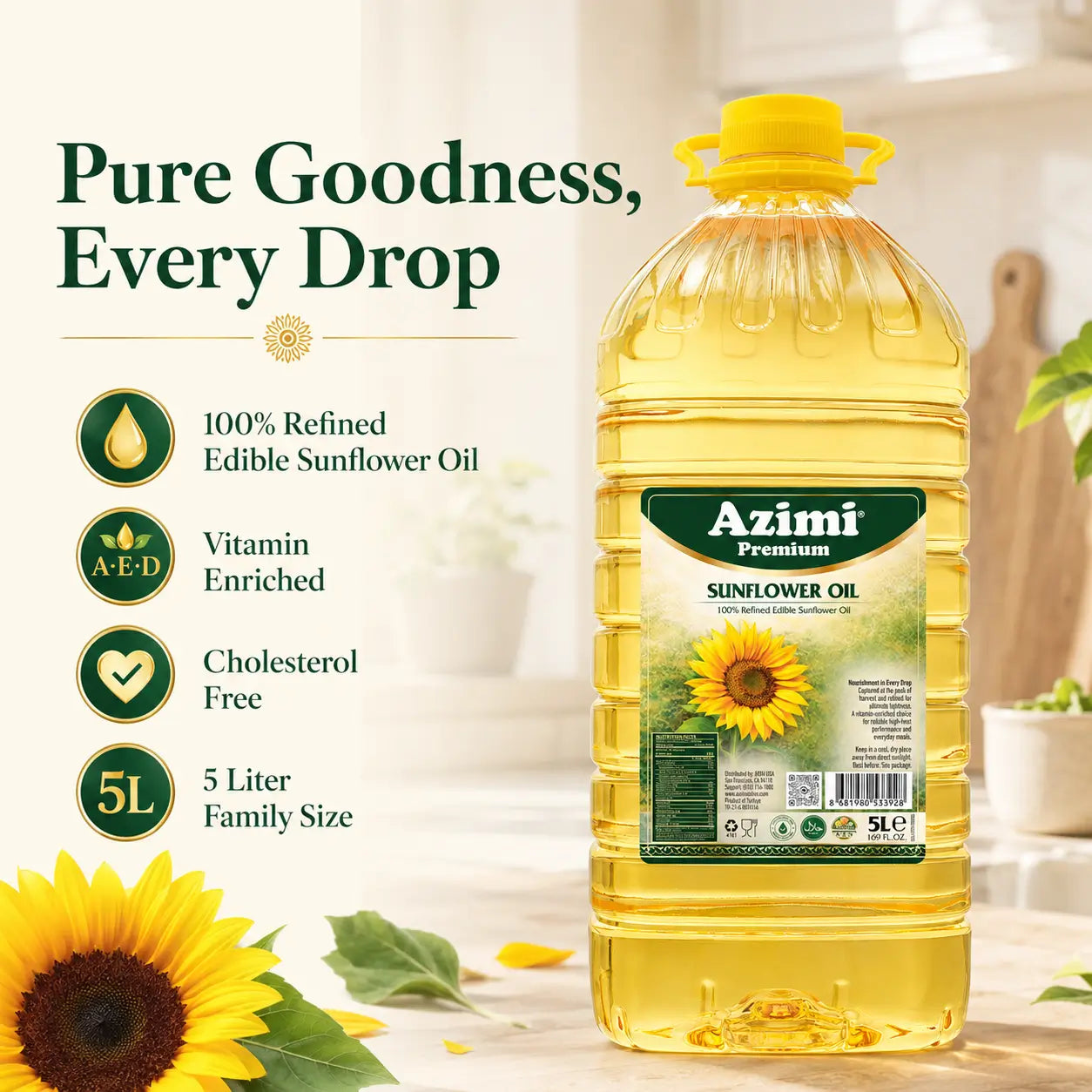 Azimi Premium - 100% Pure Sunflower Oil, (5L) 1.32 Gallon