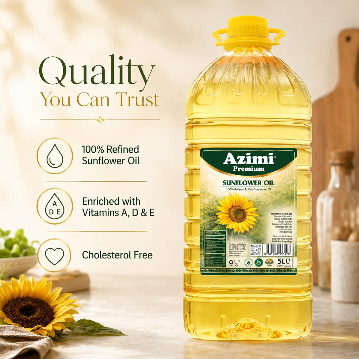 Azimi Premium - 100% Pure Sunflower Oil, (5L) 1.32 Gallon